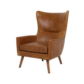 Benwick High-Back Armchair in premium Brazilian leather with solid wood frame, dark weathered rubber wood legs, mid-century modern luxury accent chair